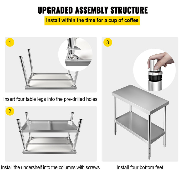 VEVOR Stainless Steel Prep Table, 122 x 46 x 86 cm, 250kg Load Capacity Heavy Duty Metal Worktable with Adjustable Undershelf, Commercial Workstation for Kitchen Restaurant Garage Backyard