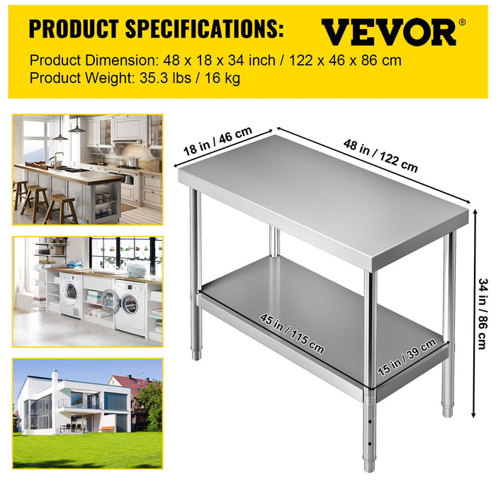 VEVOR Stainless Steel Prep Table, 122 x 46 x 86 cm, 250kg Load Capacity Heavy Duty Metal Worktable with Adjustable Undershelf, Commercial Workstation for Kitchen Restaurant Garage Backyard