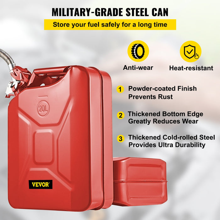 VEVOR Jerry Fuel Can, 20 L Portable Jerry Gas Can with Flexible Spout System, Rustproof ï¼?Heat-resistant Steel Fuel Tank for Cars Trucks Equipment, 2PCS Red