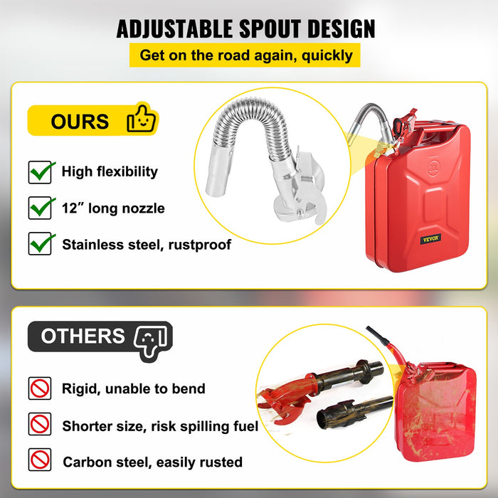 VEVOR Jerry Fuel Can, 20 L Portable Jerry Gas Can with Flexible Spout System, Rustproof ï¼?Heat-resistant Steel Fuel Tank for Cars Trucks Equipment, 2PCS Red