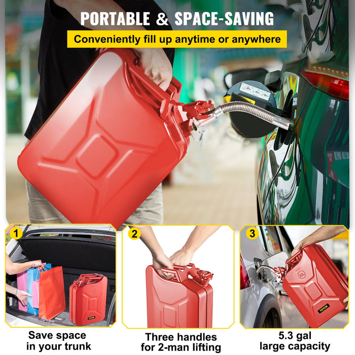 VEVOR Jerry Fuel Can, 20 L Portable Jerry Gas Can with Flexible Spout System, Rustproof ï¼?Heat-resistant Steel Fuel Tank for Cars Trucks Equipment, 2PCS Red
