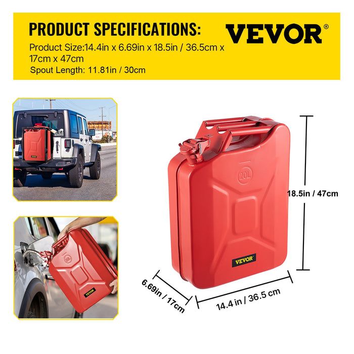VEVOR Jerry Fuel Can, 20 L Portable Jerry Gas Can with Flexible Spout System, Rustproof ï¼?Heat-resistant Steel Fuel Tank for Cars Trucks Equipment, 2PCS Red