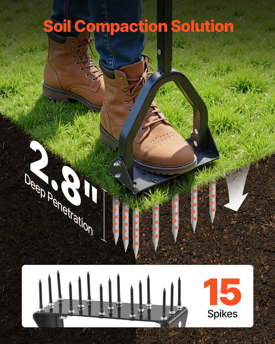 Lawn Aerator, 9.2 in Manual Core Aerator Tool with 15 Iron Spikes, Long Handle & Wide Plate, Heavy Duty Grass Aeration Tool, Yard Aerators for Compacted Hardened Soil Lawn Aeration