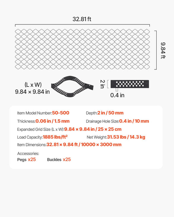 VEVOR Gravel Grid, 2 Inch Depth, 32.81 x 9.84 FT / 10000 x 3000 mm, 1880 LBS Per Sq ft Grass Ground Retainer, Permeable Geo Grids Driveway Stabilization, for Garden, Patio, Walkway, RV Parking Slopes