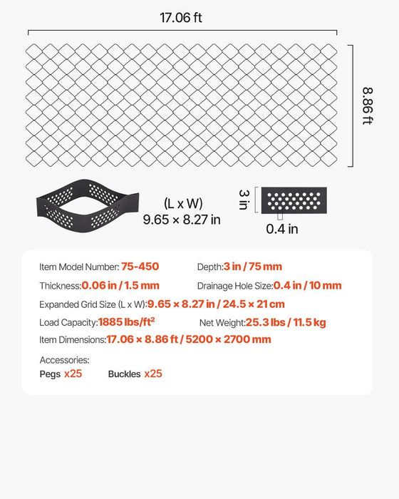 Gravel Grid, 75mm Depth, 5.2 x 2.7m, 853kg Per Sq ft Grass Ground Retainer, Permeable Geo Grids Driveway Stabilization, for Garden, Patio, Walkway, RV Parking Slopes