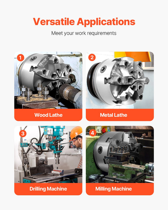 VEVOR 6-Jaw Lathe Chuck, 6 Inch (160 mm), Self-Centering Chuck with D1-4 Cam Lock Backing Plate, 0.12-5.71 in (3-145 mm) Clamping Range with T-wrench Screws, HT300 Material, for Wood Metal Lathe