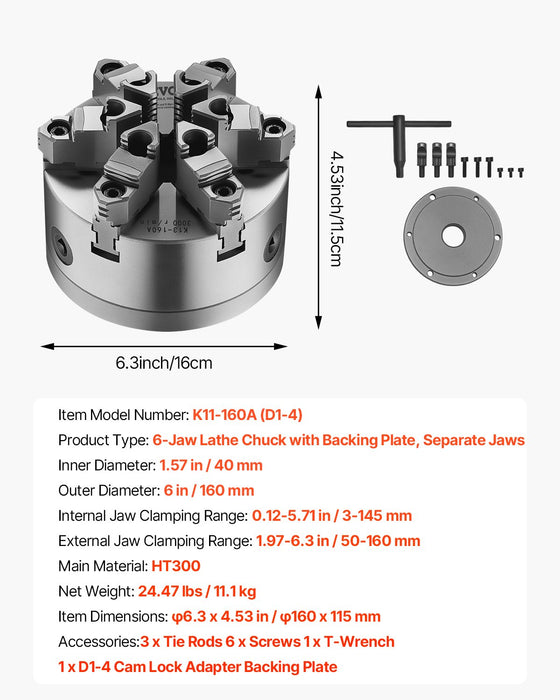 VEVOR 6-Jaw Lathe Chuck, 6 Inch (160 mm), Self-Centering Chuck with D1-4 Cam Lock Backing Plate, 0.12-5.71 in (3-145 mm) Clamping Range with T-wrench Screws, HT300 Material, for Wood Metal Lathe