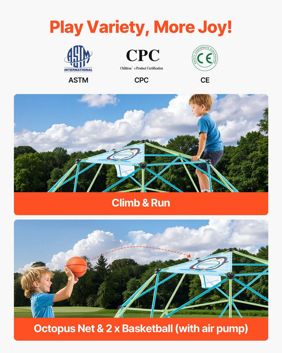 Climbing Dome, 305cm Geometric Dome Climber for Kids, 453kg Loading Jungle Gym Playground with Octopus Net & 2 Basketballs, Easy-Assembly Outdoor Backyard Climbing Toys - Gift for Boys Girls