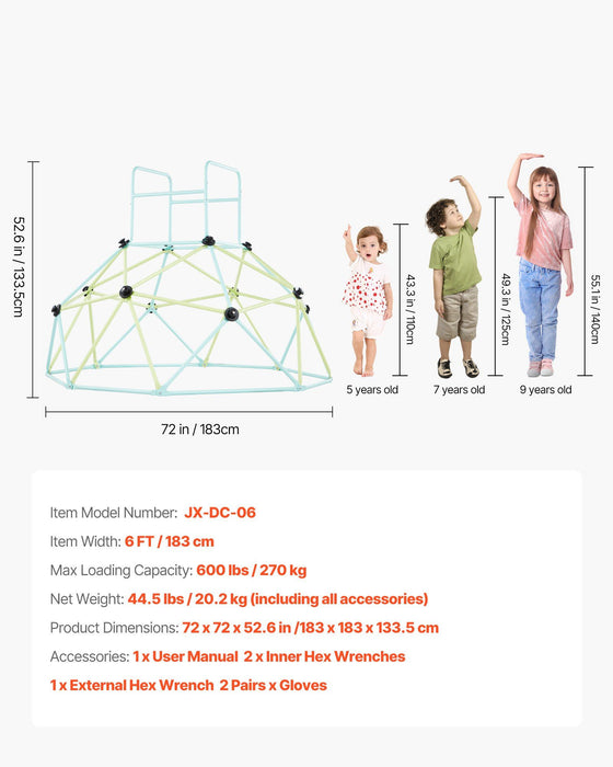 Climbing Dome, 183cm Geometric Dome Climber for Kids, 270kg Loading Indoor/Outdoor Jungle Gym Playground, Easy-Assembly Backyard Climbing Play Equipment for Boys Girls 3 to 10 Years Old