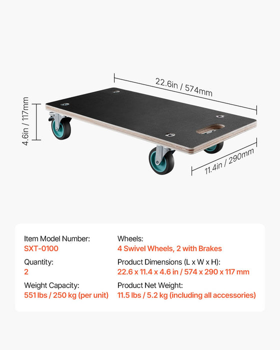 VEVOR Furniture Dolly, 551 lbs Load Capacity, Furniture Moving Dollies with 4 TPR Silent Wheels, Rectangle Multifunctional Flat Dolly for Piano Furniture Couch Washing Machine Fridge, 2 Pack, Black