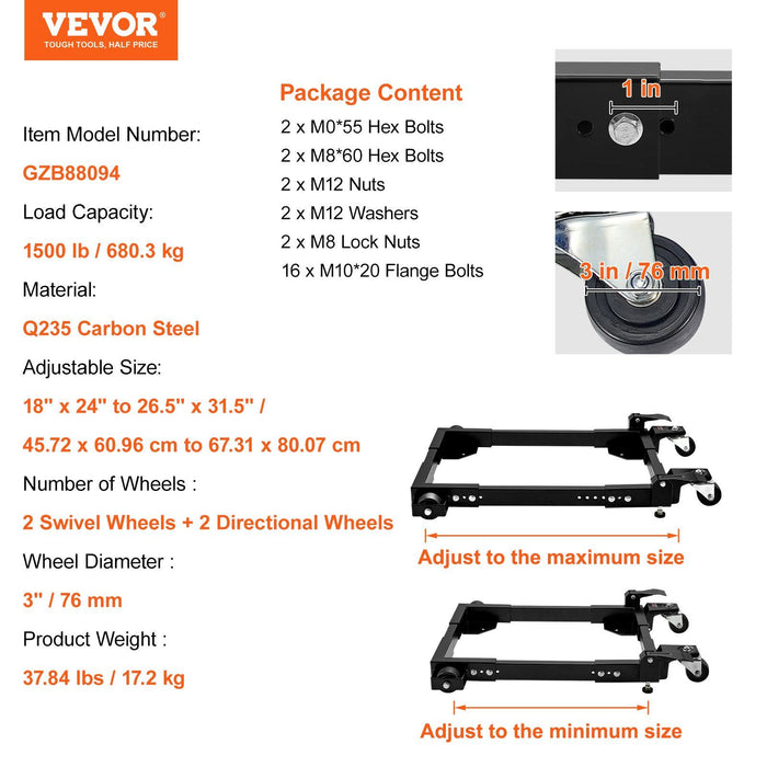 Mobile Base, 680.3 kg Capacity, Adjustable from 457.2 x 609.6 mm to 673.1 x 800.7 mm, Heavy Duty Universal Mobile Base Stand with Swivel Wheels, for Woodworking Equipment, Bandsaw, Power Tools