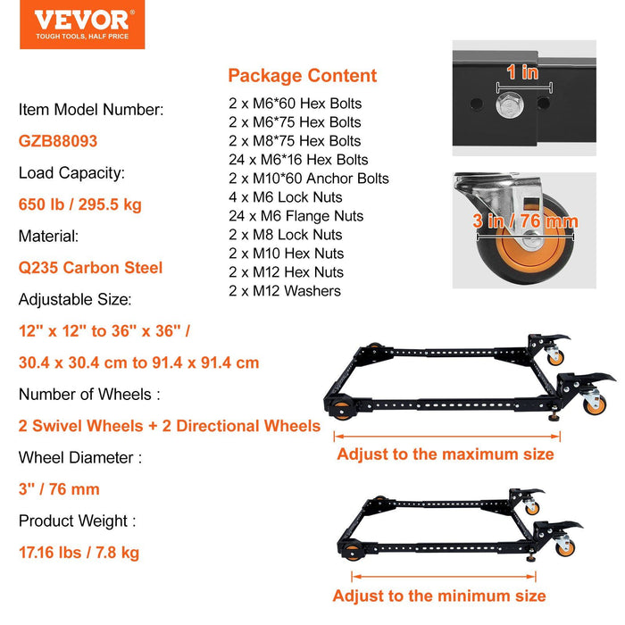 Mobile Base, 295.5 kg Capacity, Adjustable from 304 x 304 mm to 914 x 914 mm, Heavy Duty Universal Mobile Base Stand with Swivel Wheels, for Woodworking Equipment, Bandsaw, Power Tools, Machines