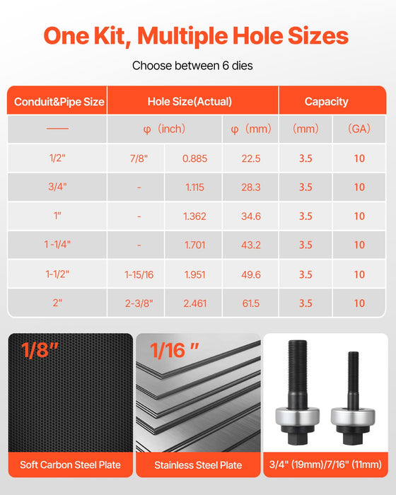 VEVOR Knockout Punch Set, 12.7 to 50.8mm SLUG-Buster Ratchet Knockout Set, Ratchet Wrench Knockouts Punch Sets for Aluminum, Mild steel, Fiberglass, Plastics, 6 Die Sizes, 40Cr Steel Ko Tool Kit