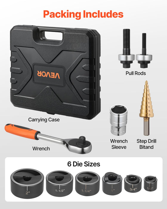 VEVOR Knockout Punch Set, 12.7 to 50.8mm SLUG-Buster Ratchet Knockout Set, Ratchet Wrench Knockouts Punch Sets for Aluminum, Mild steel, Fiberglass, Plastics, 6 Die Sizes, 40Cr Steel Ko Tool Kit