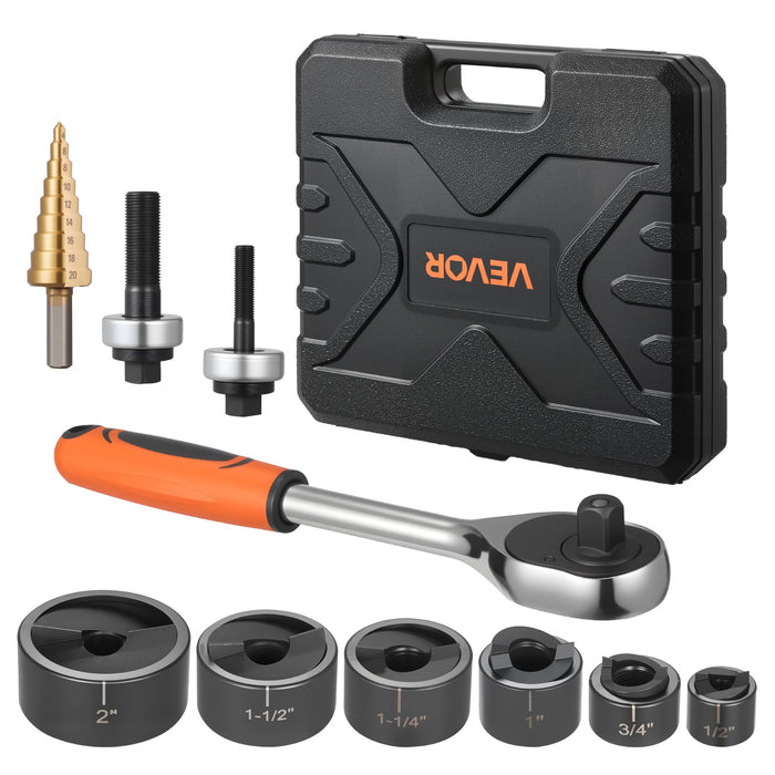 VEVOR Knockout Punch Set, 12.7 to 50.8mm SLUG-Buster Ratchet Knockout Set, Ratchet Wrench Knockouts Punch Sets for Aluminum, Mild steel, Fiberglass, Plastics, 6 Die Sizes, 40Cr Steel Ko Tool Kit