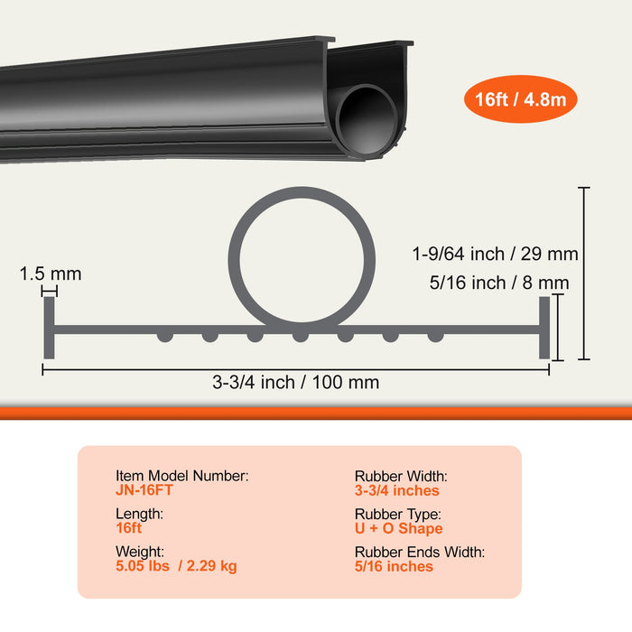 VEVOR Garage Door Seals Bottom Rubber, U Shape +O Ring Combination Garage Door Bottom Weather Seal, 16ft Weatherproofing Garage Door Seal, 5/16 inch T-ends and 3 3/4 inch Width, for Doors, Black