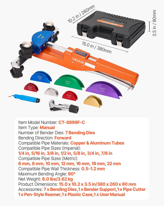 Tubing Bender Kit, 6 mm to 22 mm, Compact Ratcheting Tube Pipe Bender, Ratchet Hand Bending Tool, with 7 Color Aluminium Alloy Dies, HVAC Tools, for Copper HVAC Air Conditioning Refrigeration