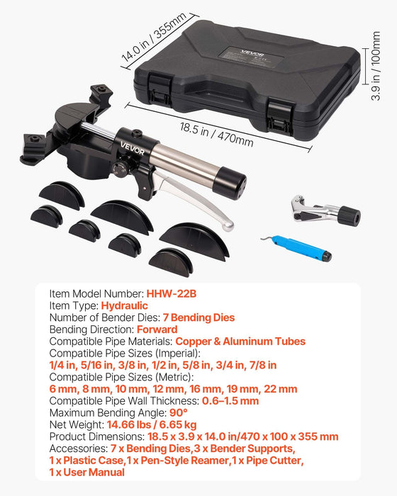 Hydraulic Tubing Bender Kit, 6 mm to 22 mm, Copper Tube Pipe Bender, HVAC Bending Tool Set, 90° Bend, with 7 Aluminium Alloy Dies, for HVAC Air Conditioning Refrigeration Automotive Auto Repair