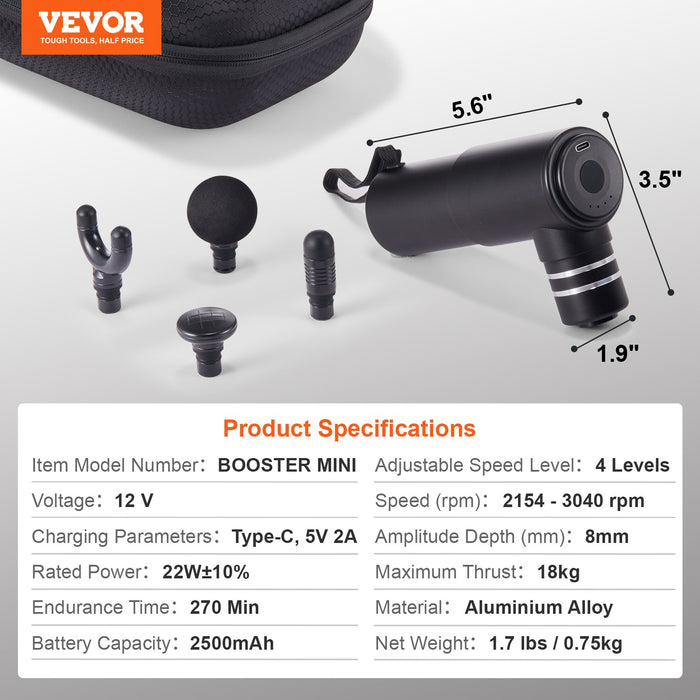VEVOR Massage Gun Deep Tissue, Percussion Muscle Massager for Athletes - with 4 Speed Levels & 4 Massage Heads, 12V 2500mAh Batteries, Handheld Electric Massage Gun for Pain Relief, Muscle Relaxation