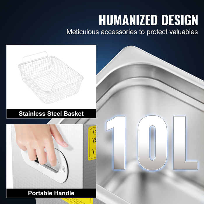 VEVOR Ultrasonic Cleaner 10L Jewelry Cleaning with Digital Timer Ultrasonic Cleaning Machine for Jewellery Rings Watches Eyeglasses Dentures Coins Metal Parts Commercial and Home Use Silver