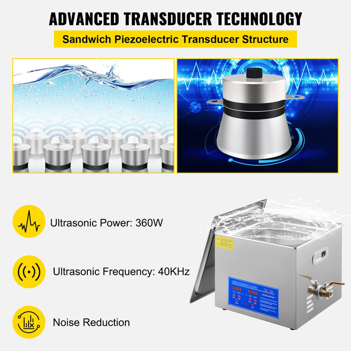 Vevor Powerful Stainless Steel 13.5-15 L Liters Ultrasonic Cleaner 360W Digital Heater Timer