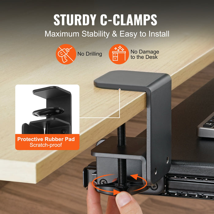 VEVOR Clamp on Keyboard Tray Under Desk, Desk Keyboard Tray Slide out with Sturdy No-drill C Clamp Mount, Large 26.8 x 11 inch Slide-out Computer Drawer for Typing in Home, Office Work
