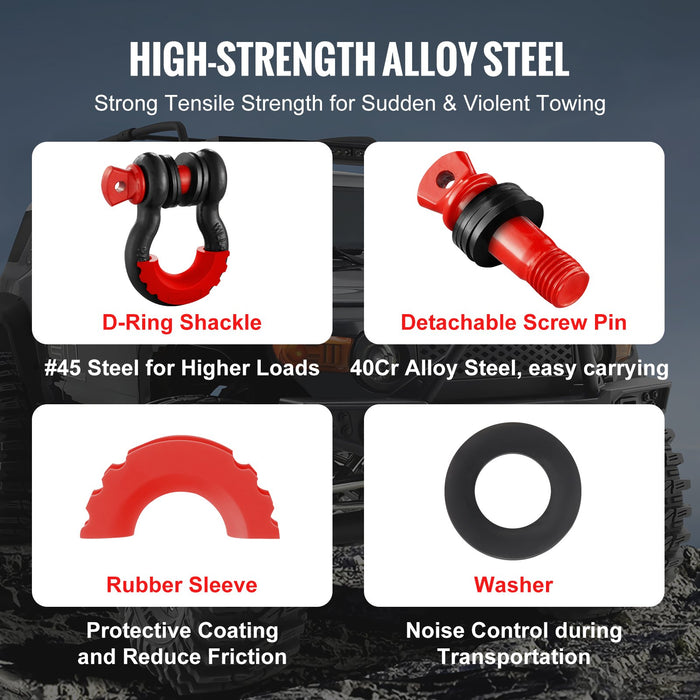 VEVOR D-Ring Shackle, 2 Pack 19.05 mm Alloy Steel Shackles 28.5 Ton Break Strength with 22 mm Screw Pin, Isolators & Washers Kit, Heavy Duty Off Road Vehicle Recovery Shackle for Jeep Truck, Black