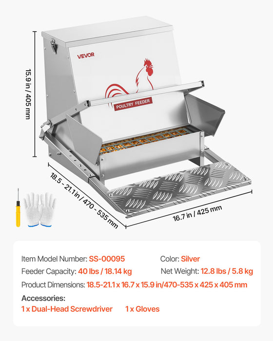 VEVOR Automatic Chicken Feeder, 18.14 kg Capacity, Rainproof Treadle Poultry Feeder with Lockable Lid, No Waste, Galvanized Steel Construction, Outdoor Use, for Chicken, Bantams, Poultry, Pheasants