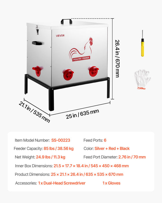 VEVOR Automatic Chicken Feeder, 38.56 kg Capacity, 6 Feeding Ports No-Waste Poultry Feeder with Built-In Divider, with Latch & Handle, Metal Construction, for Chickens Bantams Pheasants Poultry Coop