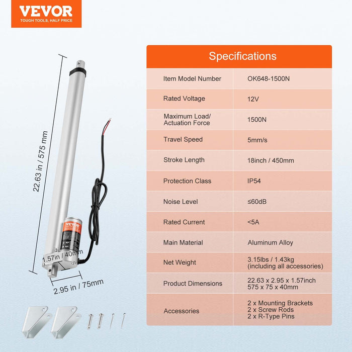 Linear Actuator 12V, 18 Inch High Load 330lbs/1500N Linear Actuator, 0.19"/s Linear Motion Actuator with Mounting Bracket and IP54 Protection