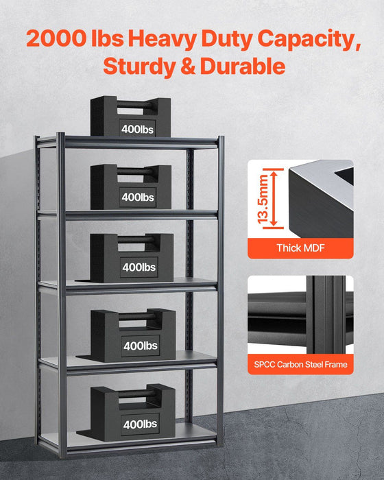 Storage Shelves, 2000 lbs, 5 Tier Garage Storage Shelving, 18" D x 40" W x 72" H Adjustable Metal Shelves for Garage Shelves Utility Rack Shelf, Ideal for Kitchen, Warehouse, Basement, Black