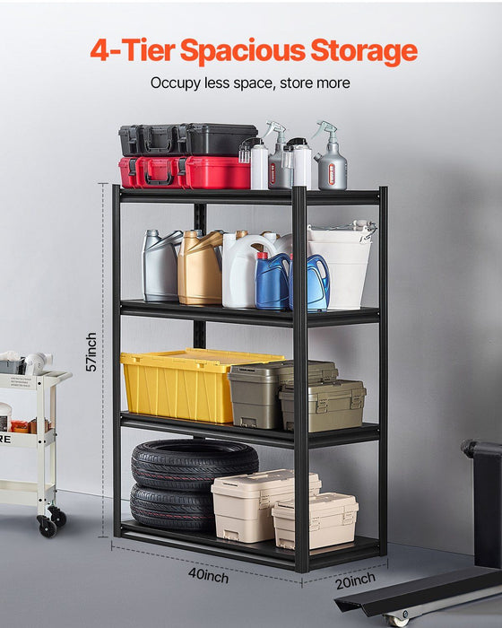 Storage Shelves, 2400 lbs, 4 Tier Garage Storage Shelving, 20" D x 40" W x 57" H Adjustable Metal Shelves for Garage Shelves Utility Rack Shelf, Ideal for Kitchen, Warehouse, Basement, Black