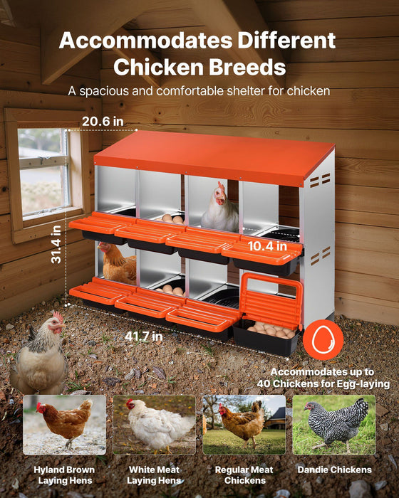 2 Tiers Chicken Nesting Boxes, 8 Compartments, Metal Egg Laying Boxes with Protective Collection Lids, Roll Out Nesting Box, Easy to Assemble, Ideal for Hens, Ducks, Chickens, and Other Poultry