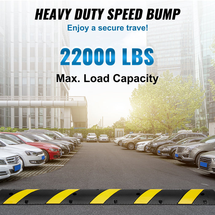 VEVOR 6 ft Rubber Speed Hump, 2 Channel, 10000 kg/axle Load Capacity Heavy Duty Traffic Speed Bump, with High Reflective Yellow Strip 4 Expansion Screws and 1 Drill, for Asphalt Concrete Gravel Roads