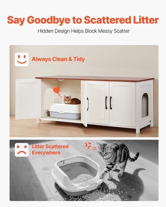 Cat Litter Box Enclosure for Multi Cats, 120 cm Hidden Litter Box Cabinet with 4 Doors & 2 Entries, Indoor Cat Washroom, Wooden Kitty House Furniture, Fit Most Litterboxes, Brown & White