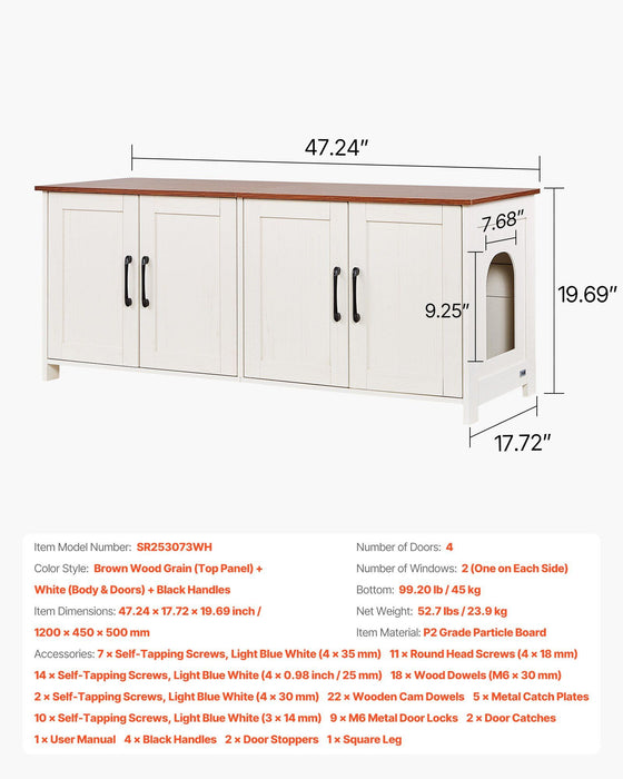 Cat Litter Box Enclosure for Multi Cats, 120 cm Hidden Litter Box Cabinet with 4 Doors & 2 Entries, Indoor Cat Washroom, Wooden Kitty House Furniture, Fit Most Litterboxes, Brown & White