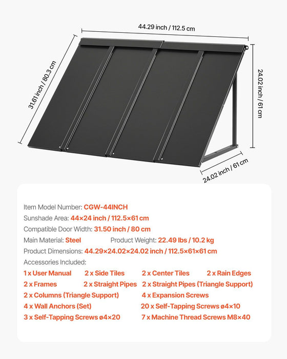 Fixed Metal Awning 1125 × 610 mm, Window Awning Door Canopy, Stable Triangle Steel Frame Awnings for Doors Exterior Rain, and Snow Sunlight Protection for Door Entrance, Windows, Porches, Balconies