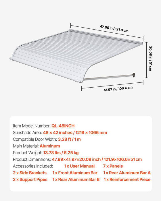 Aluminum Awning 1219 × 1066 mm, Durable Window Awning Door Canopy, Lightweight and Stable Aluminum Exterior Awnings Rain Snow Sunlight Protection for Door Entrance Windows Patio Porch