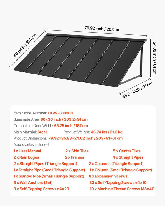 Fixed Metal Awning 2032 × 910 mm, Window Awning Door Canopy, Stable Triangle Steel Frame Exterior Awnings Rain, and Snow Sunlight Protection for Door Entrance, Windows, Porches, Balconies