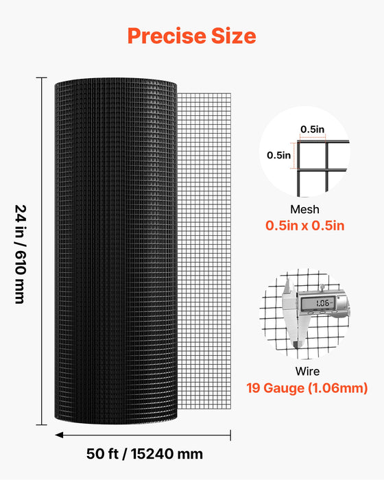VEVOR Hardware Cloth 61cm x 15.2m, 1/2 in 19 Gauge Galvanized Wire Mesh Roll, Weather-Resistant Vinyl Coated Chicken Wire Fencing, Heavy Duty Welded Garden Plant Fencing for Rabbit Cage Snake Fence