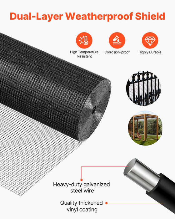 VEVOR Hardware Cloth 61cm x 15.2m, 1/2 in 19 Gauge Galvanized Wire Mesh Roll, Weather-Resistant Vinyl Coated Chicken Wire Fencing, Heavy Duty Welded Garden Plant Fencing for Rabbit Cage Snake Fence