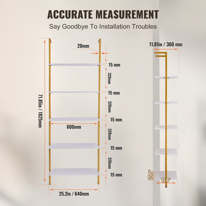 VEVOR Industrial Square Pipe Shelf 5 Tier 64x30x182.5cm Wall-Mount Gold White