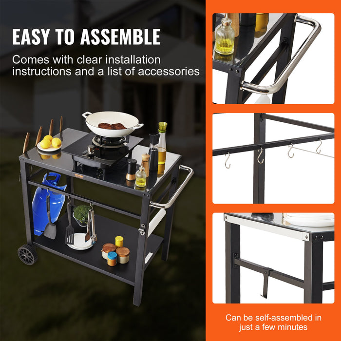 VEVOR Outdoor Grill Dining Cart with Double-Shelf,  85*55cm BBQ Movable Food Prep Table, Multifunctional Iron Table Top, Portable Modular Carts for Pizza Oven, Worktable with 2 Wheels, Carry Handle, Black