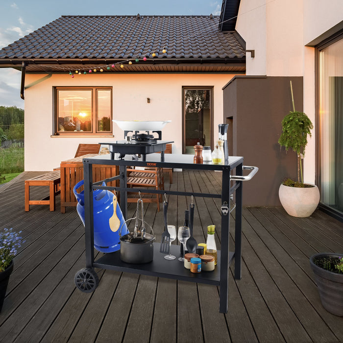 VEVOR Outdoor Grill Dining Cart with Double-Shelf,  85*55cm BBQ Movable Food Prep Table, Multifunctional Iron Table Top, Portable Modular Carts for Pizza Oven, Worktable with 2 Wheels, Carry Handle, Black