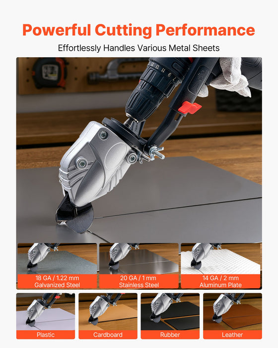 VEVOR Metal Shear/Cutter Drill Attachment, Sheet Metal Cutter with 360-Degree Pivoting Head, Sharp Blades,Ideal for 18 GA Galvanized Steel, 20 GA Stainless Steel, Aluminum Plate, Plastic, Cardboard