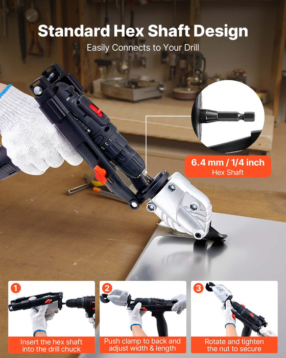VEVOR Metal Shear/Cutter Drill Attachment, Sheet Metal Cutter with 360-Degree Pivoting Head, Sharp Blades,Ideal for 18 GA Galvanized Steel, 20 GA Stainless Steel, Aluminum Plate, Plastic, Cardboard