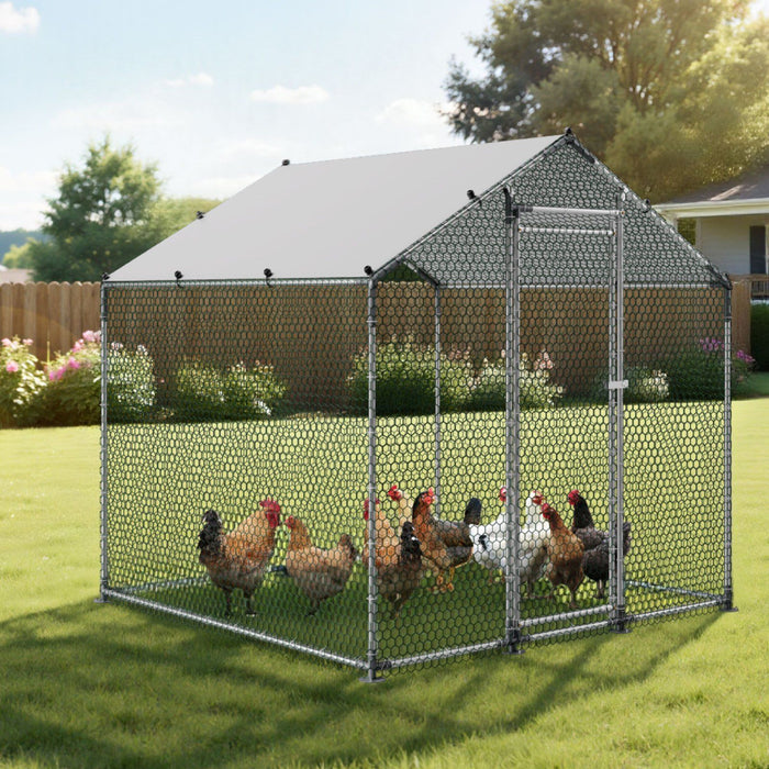 Metal Chicken Coop, 6.56x6.56x6.56ft Large Walk-in Chicken Runs with Cover, Spire Roof Hen House Enclosure with Security Lock, Outdoor Duck Rabbit Cage Poultry Pen for Backyard, Farm, Yard