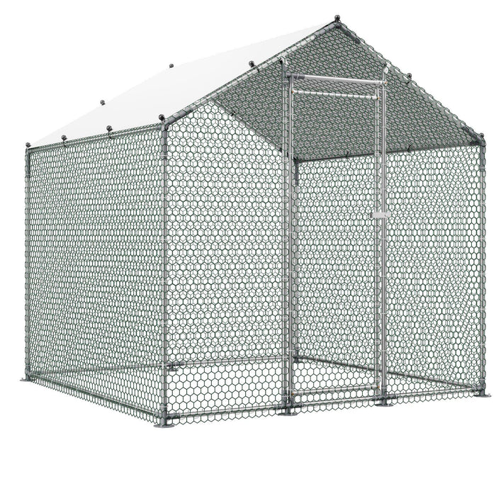 Metal Chicken Coop, 6.56x6.56x6.56ft Large Walk-in Chicken Runs with Cover, Spire Roof Hen House Enclosure with Security Lock, Outdoor Duck Rabbit Cage Poultry Pen for Backyard, Farm, Yard