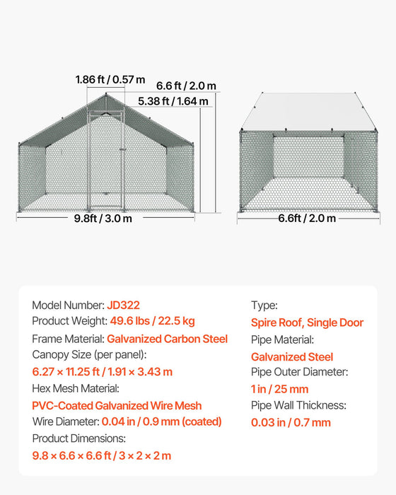 VEVOR Metal Chicken Coop, 9.8x6.5x6.5ft Large Walk-in Chicken Runs with Cover, Spire Roof Hen House Enclosure with Security Lock, Outdoor Duck Rabbit Cage Poultry Pen for Backyard, Farm, Yard