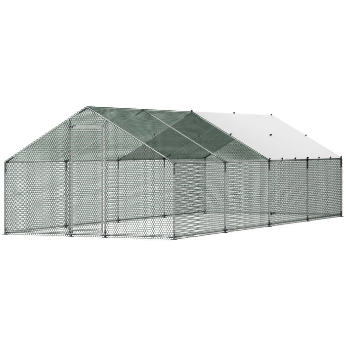 Metal Chicken Coop, 9.8x26.2x6.5 ft Large Walk-in Chicken Runs with Cover, Spire Roof Hen House Enclosure with Security Lock, Outdoor Duck Rabbit Cage Poultry Pen for Backyard, Farm, Yard